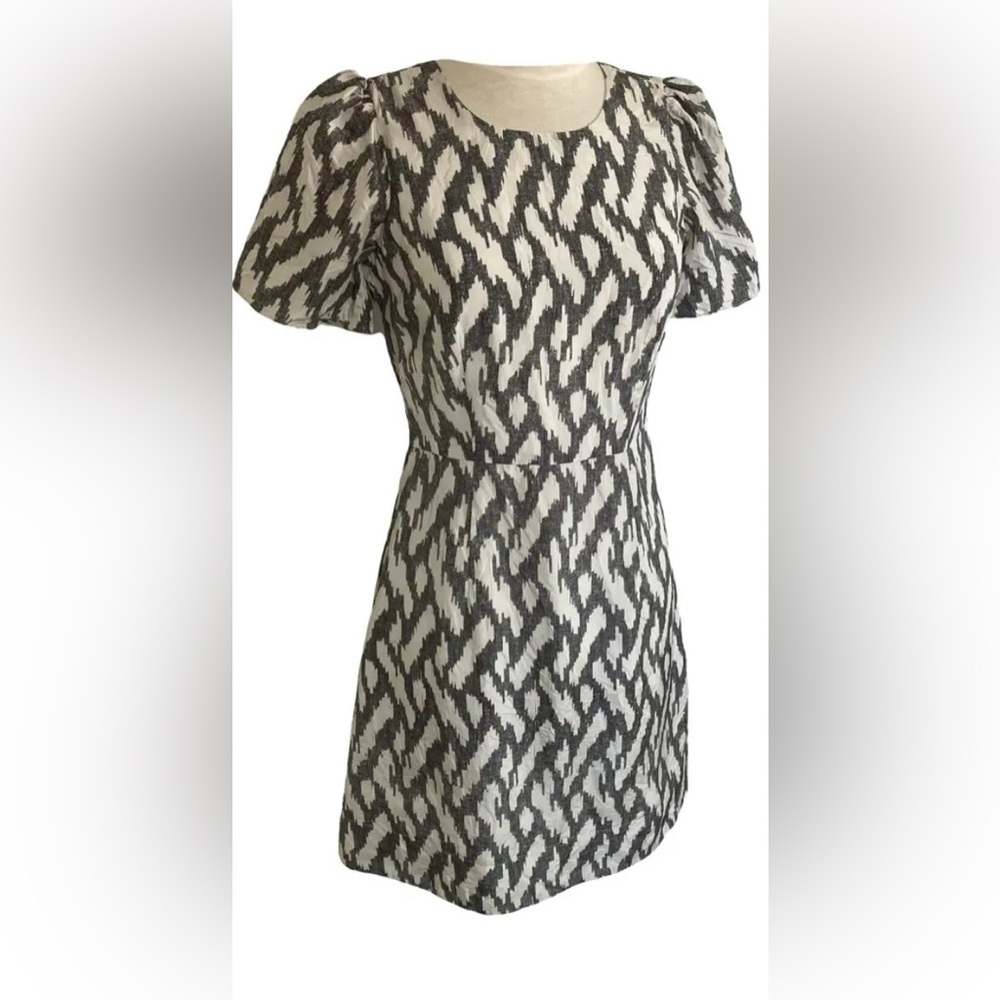 J.Crew Women’s Silk Dress Black & Cream Flutter Sleeve Midi Lined Size 4T